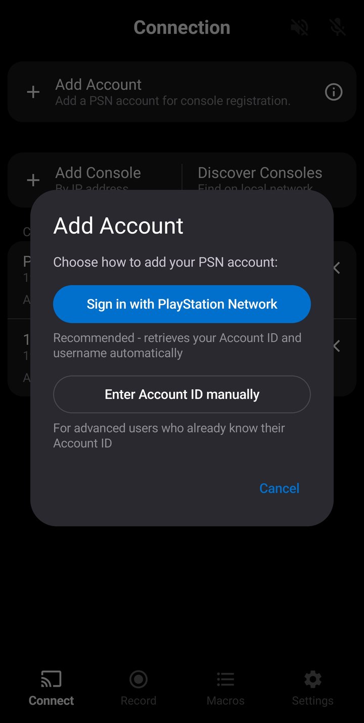 Connection Screen showing PSN sign-in