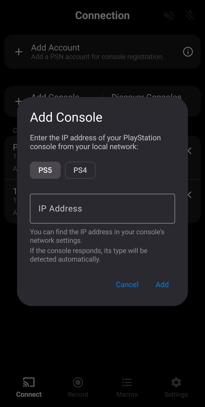 Connection Screen showing console discovery