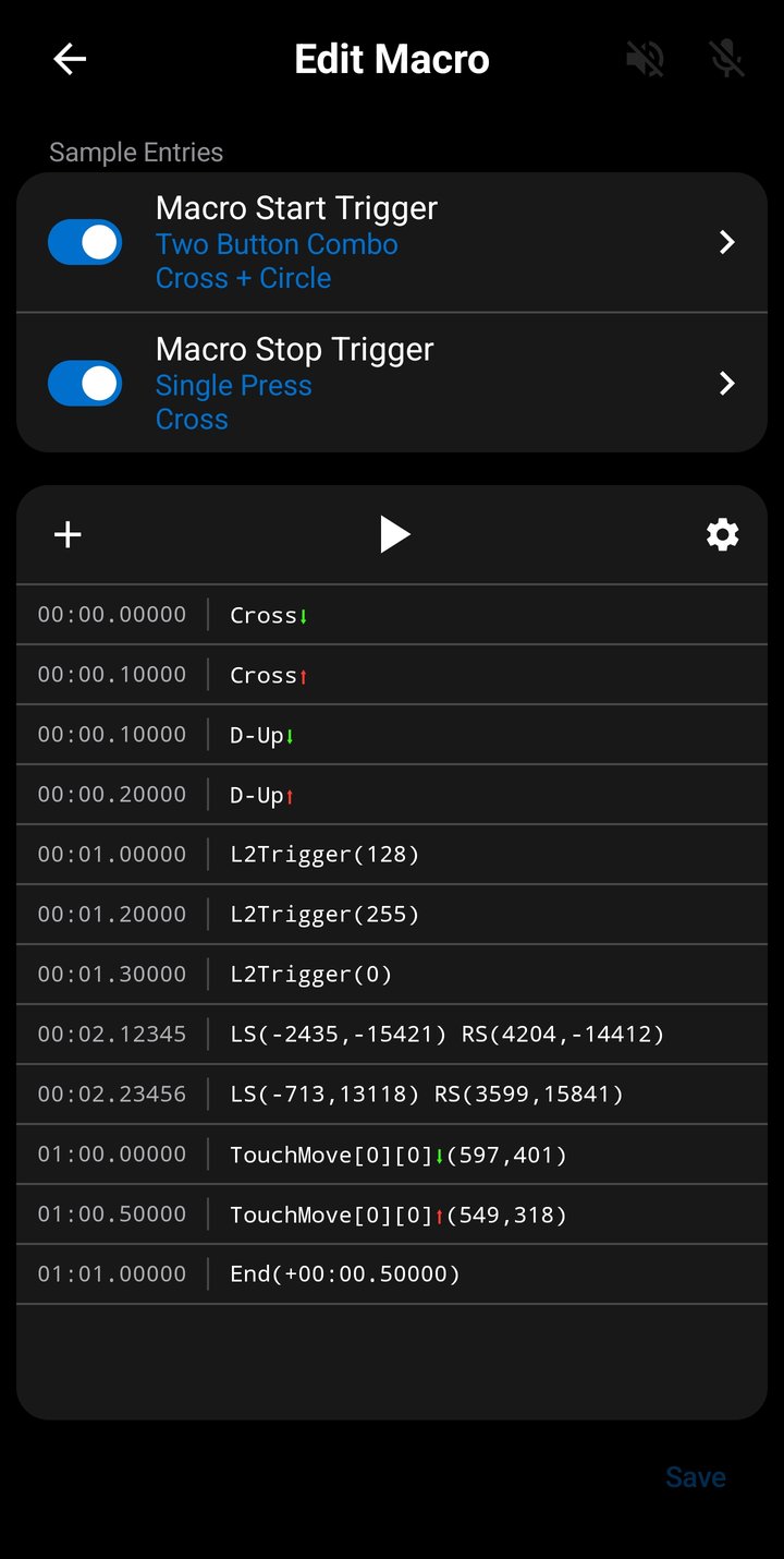 Macro Editor showing entry list with timestamps, input descriptions, and playback controls