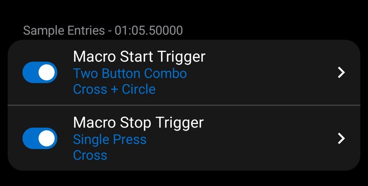 Macro Editor trigger rows — Macro Start Trigger and Macro Stop Trigger, each with an enable toggle