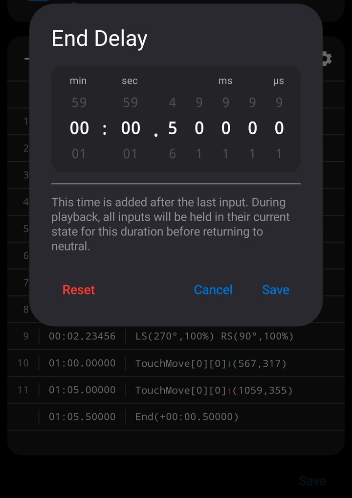 End Delay dialog showing the minute, second, and millisecond picker with Reset, Cancel, and Save buttons