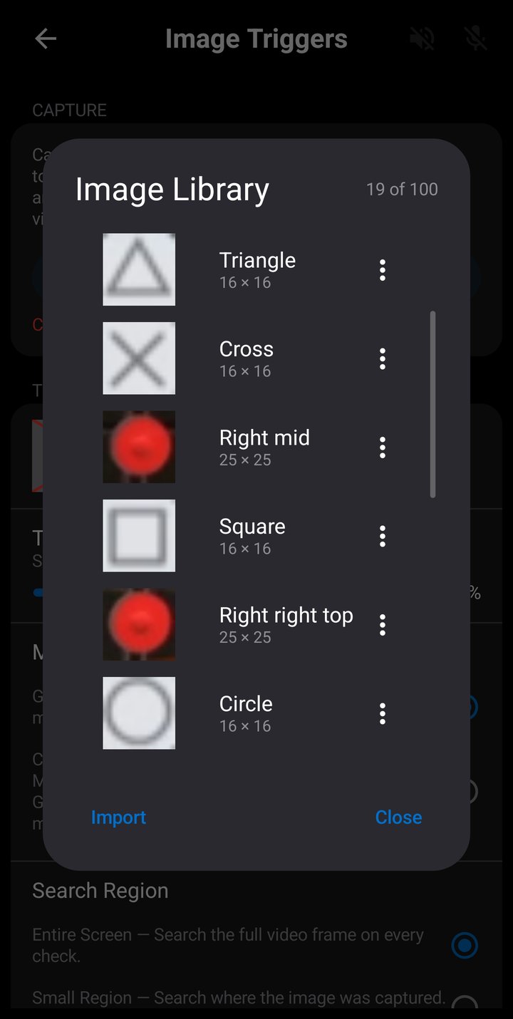 Image Library dialog showing saved image thumbnails with names and pixel dimensions, an image count, and Import and Close buttons