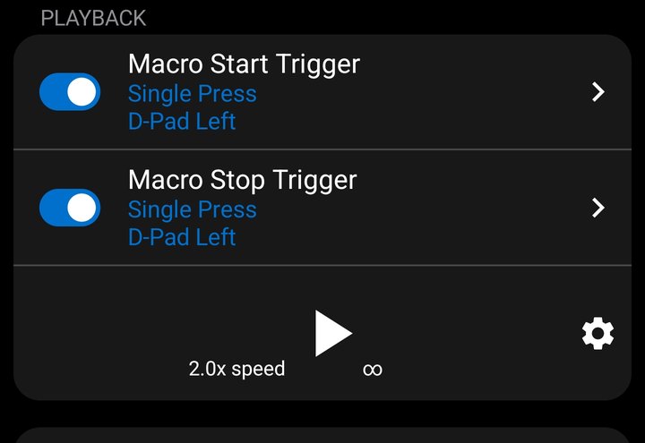 Playback container showing the Macro Start and Macro Stop triggers and the play button