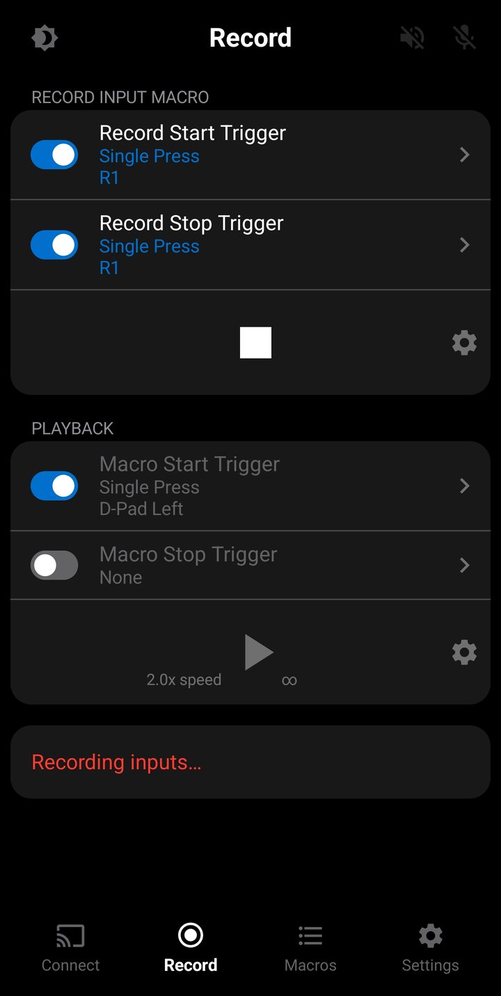 Record Screen while recording, showing the Stop button and the red Recording inputs status