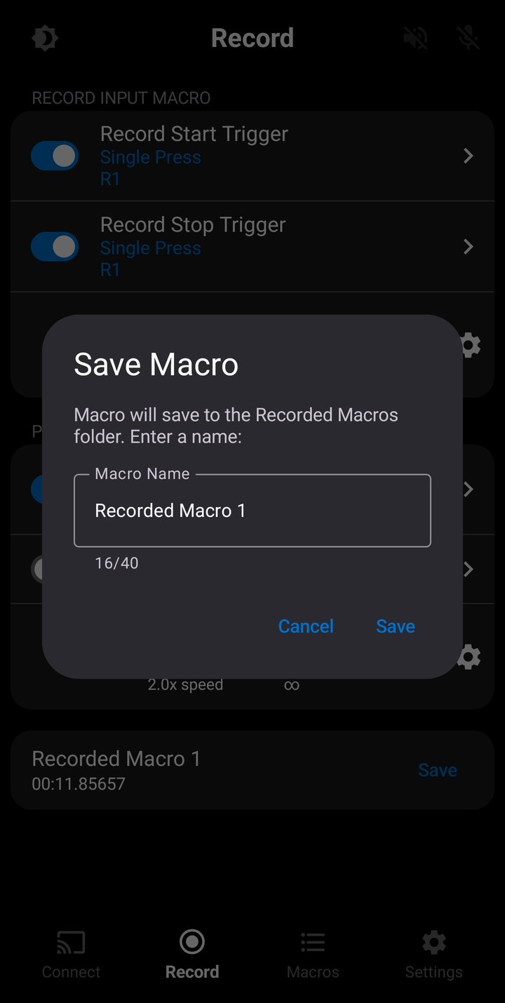 Save Macro dialog showing the macro name field and Save button