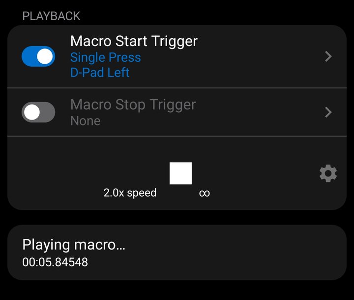 Record screen Playback section during playback, showing the Macro Start and Macro Stop triggers, 2.0x speed, infinite loop badge, and the Playing macro status
