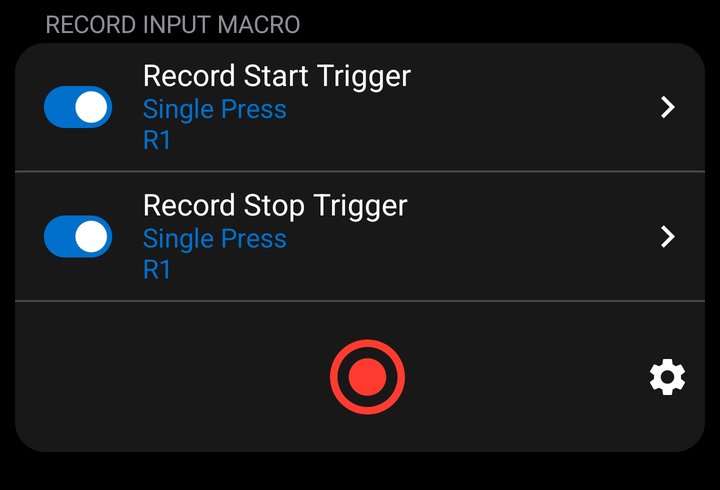 Record Input Macro container showing the Record Start and Record Stop triggers and the record button