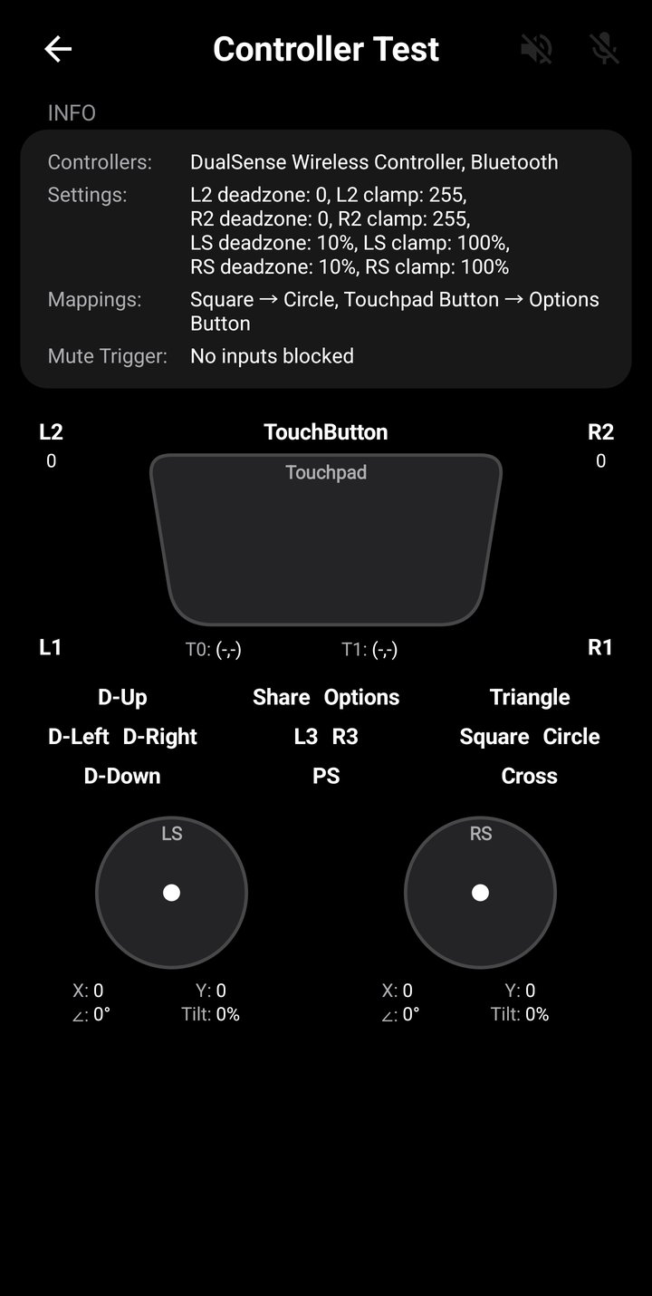 Controller Test screen showing real-time controller input state