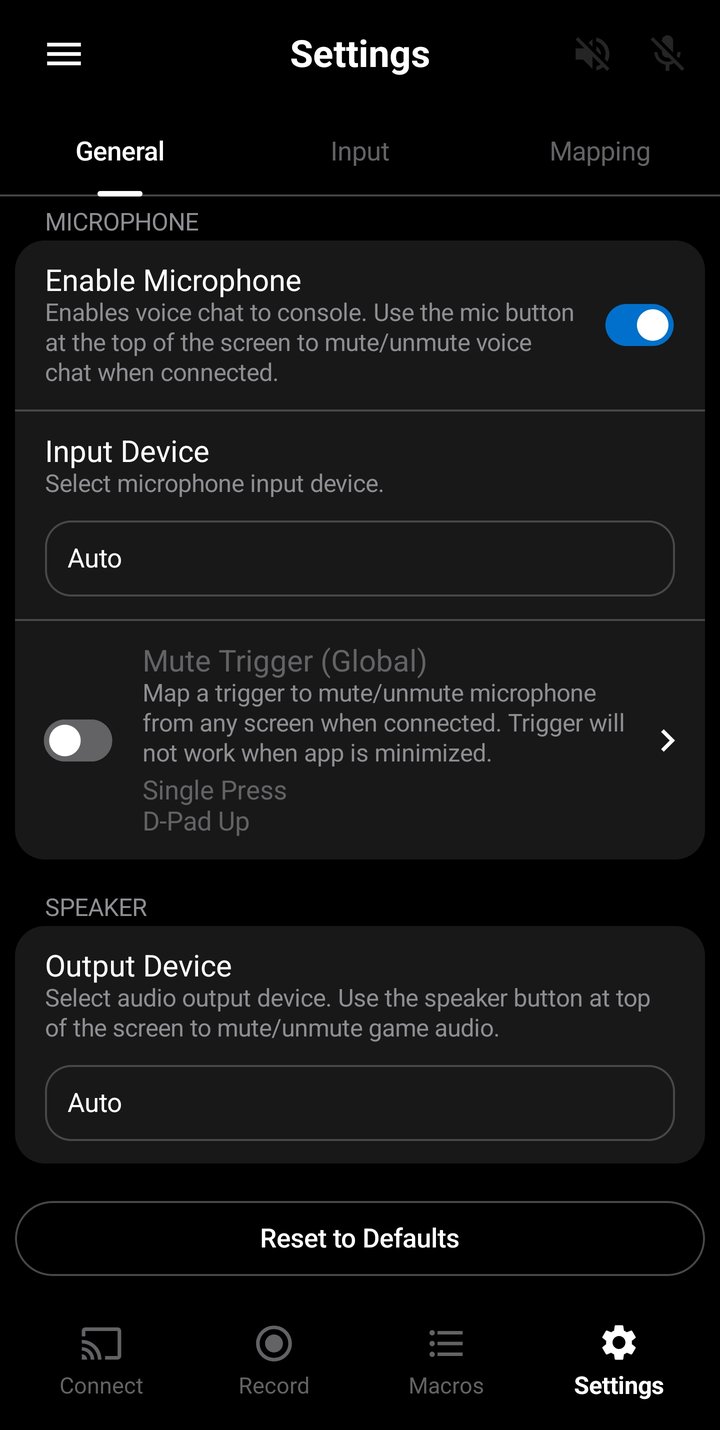 General settings showing the Audio Output section with the Output Device selector