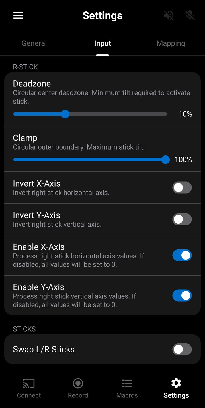 Input settings showing the Invert X/Y-Axis and Enable X/Y-Axis toggles and the Swap L/R Sticks option