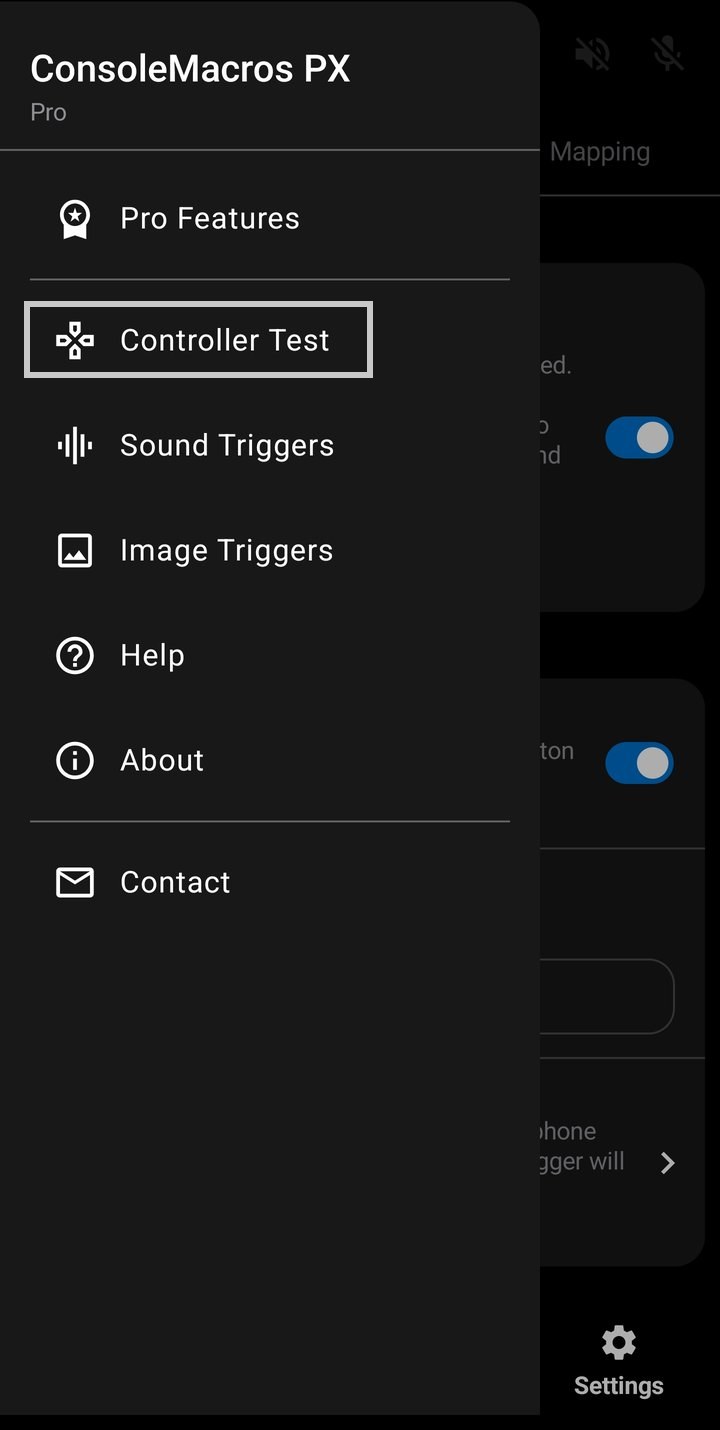 Settings navigation drawer with the Controller Test entry outlined in light gray, alongside Pro Features, Sound Triggers, Image Triggers, Help, About, and Contact