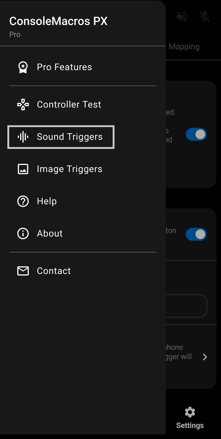 Settings navigation drawer with the Sound Triggers entry outlined in light gray, alongside Pro Features, Controller Test, Image Triggers, Help, About, and Contact
