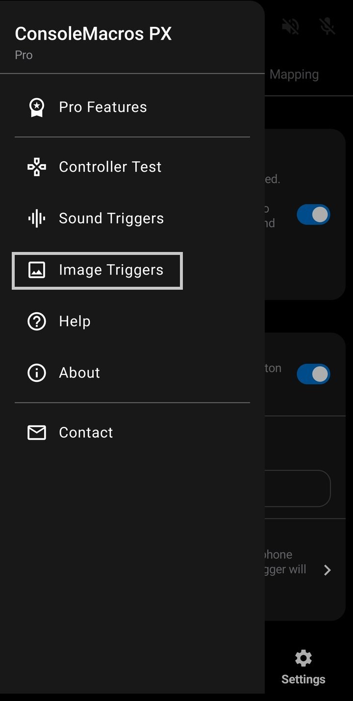 Settings navigation drawer with the Image Triggers entry outlined in light gray, alongside Pro Features, Controller Test, Sound Triggers, Help, About, and Contact