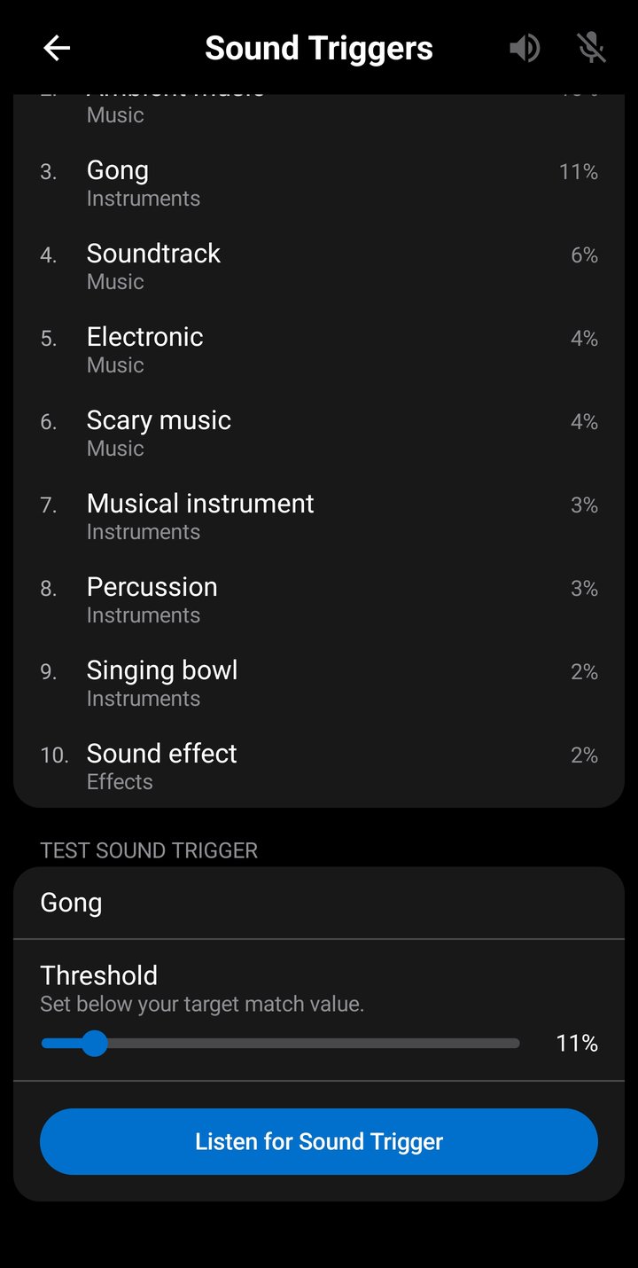 Test Sound Trigger container with a selected sound, a confidence threshold slider, and the Listen for Sound Trigger button