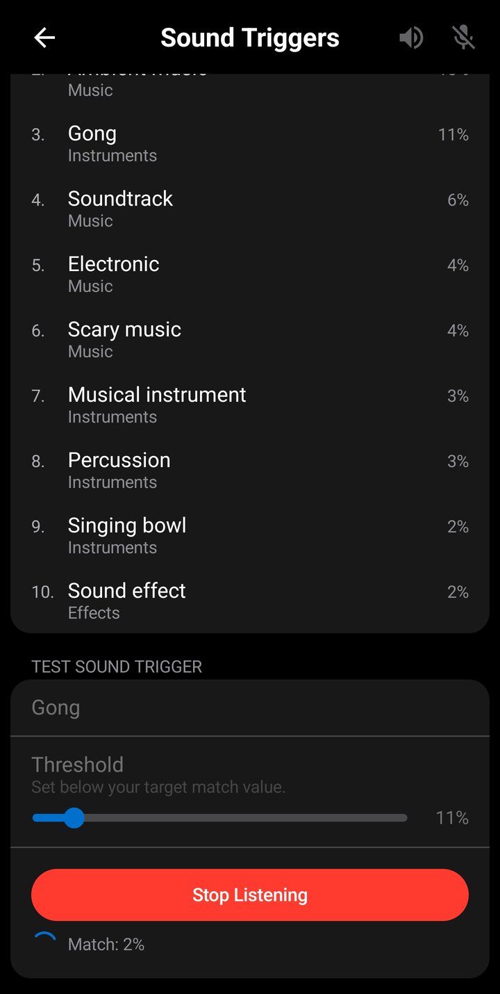 Test Sound Trigger container actively listening, showing the Stop Listening button and a live match percent readout