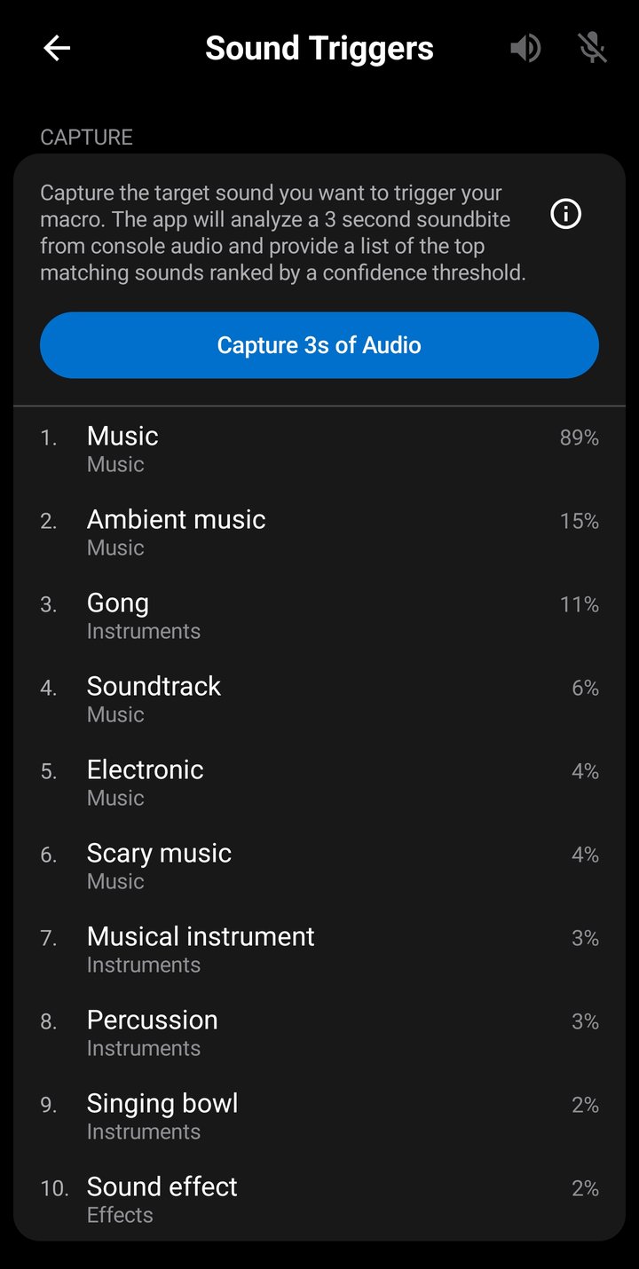 Sound Triggers screen showing Capture container with top matching sounds ranked by confidence percent