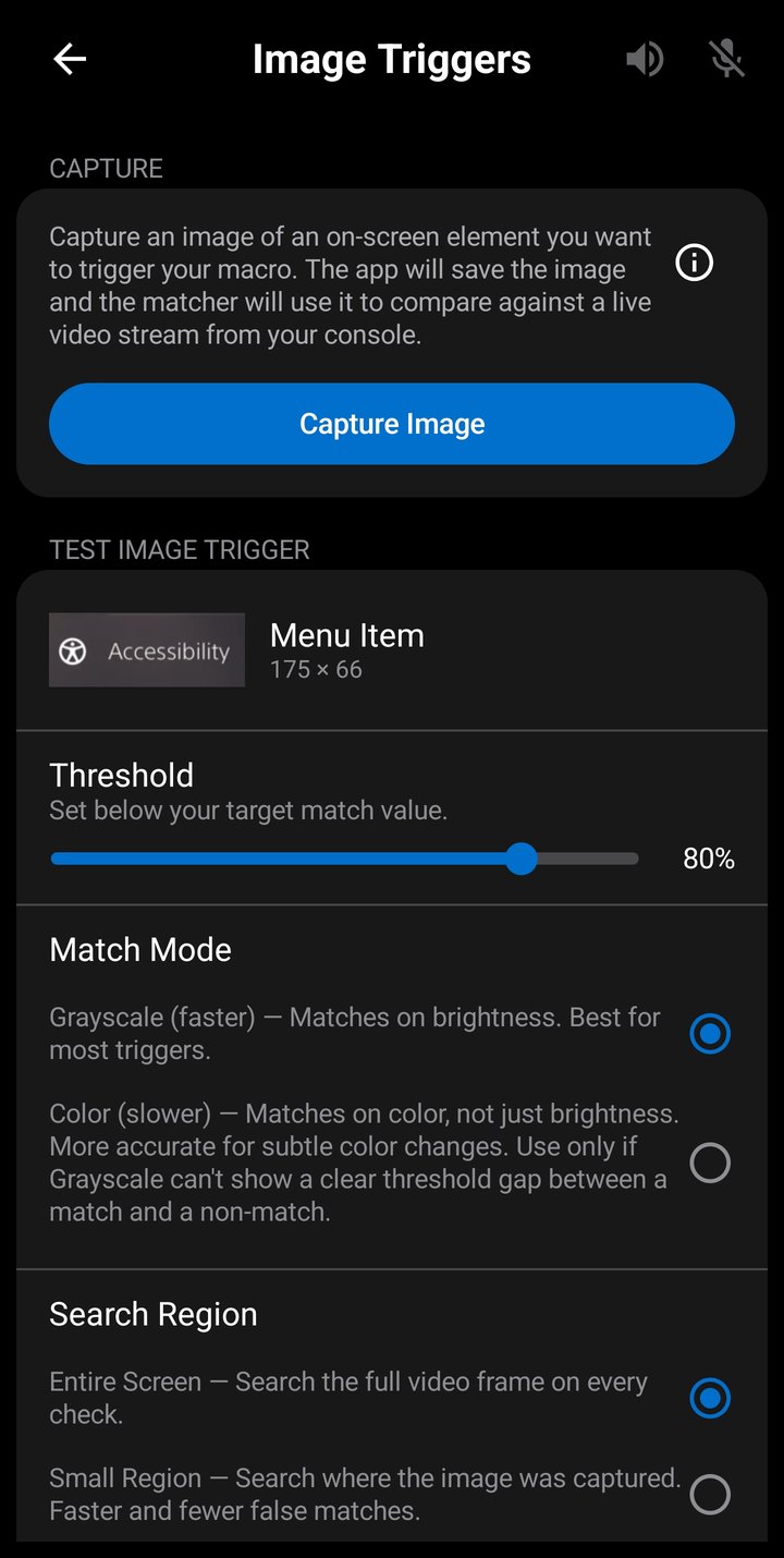 Image Triggers screen showing the Capture container and the Test Image Trigger container with a selected image, threshold, match mode, and search region