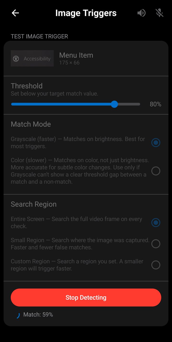Test Image Trigger container actively detecting, showing the Match Mode and Search Region options, a live match percent, and the Stop Detecting button