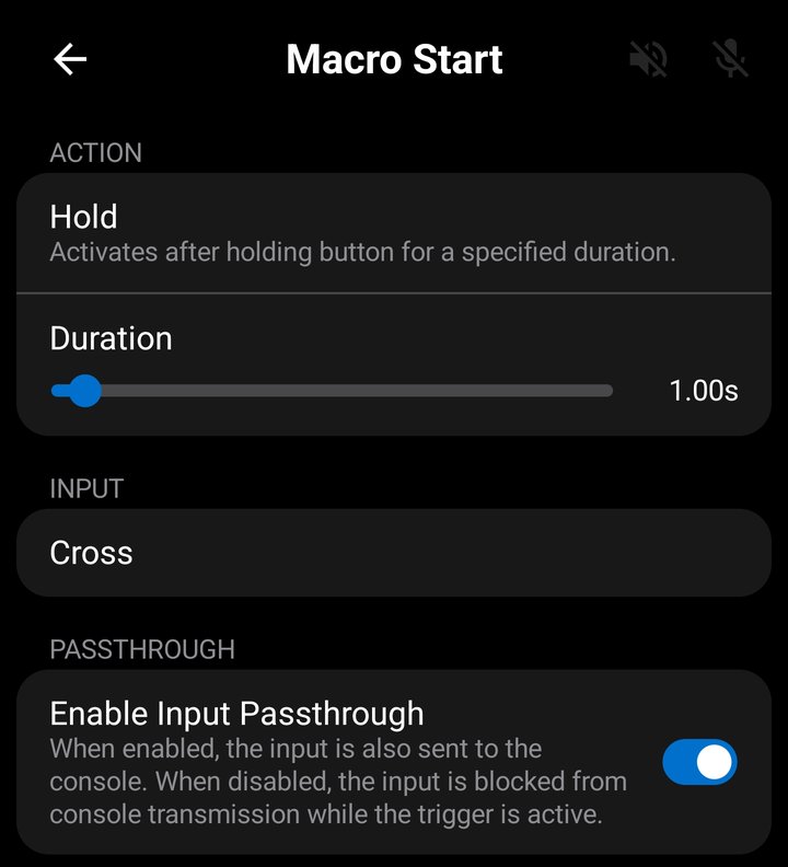 Trigger Configuration screen with the Hold action selected, showing the hold duration slider