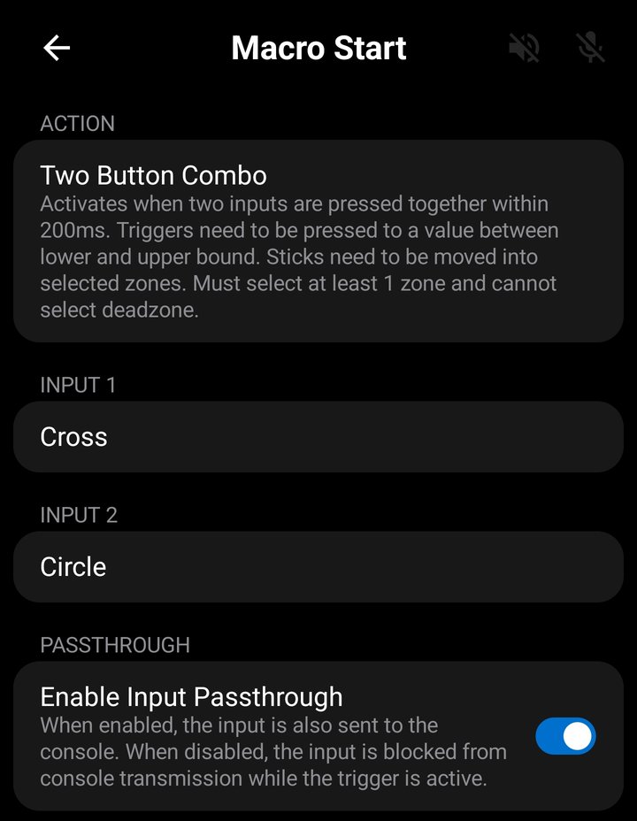 Trigger Configuration screen with the Two-Button Combo action selected, showing Input 1 and Input 2