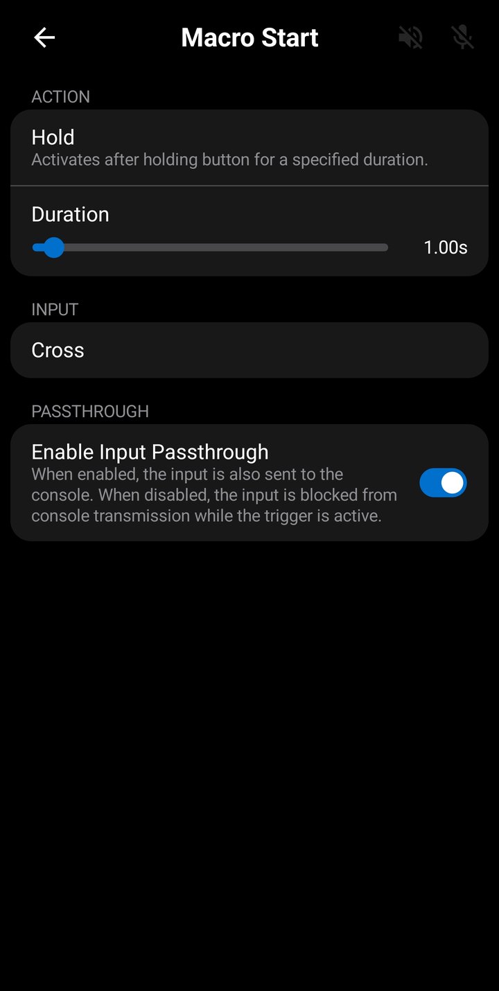 Trigger Configuration screen - hold and release