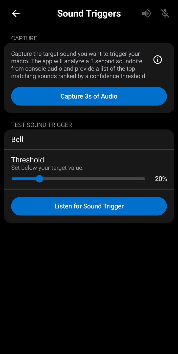 Sound Triggers screen showing Capture and Test Sound Trigger containers