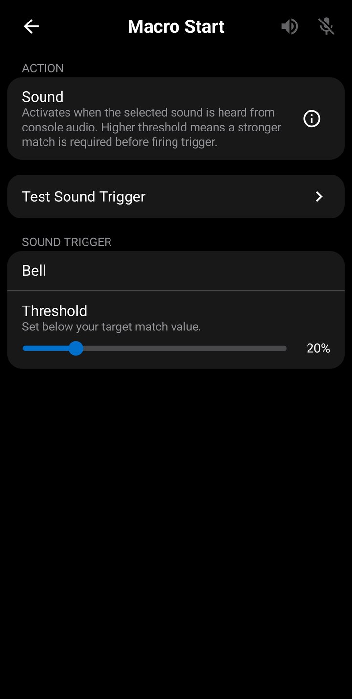 Trigger Configuration screen with Sound action selected, showing sound row and threshold slider